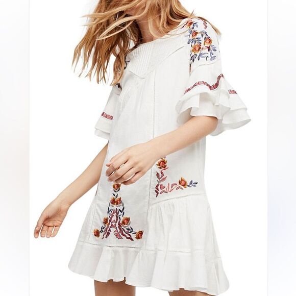 Free People PAVLO White Flutter Orange Floral Embroidered Boho Chic Mini Dress - Picture 3 of 16